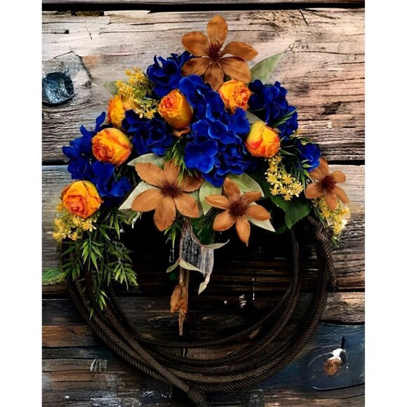 COUNTRY WESTERN Lariat Rope Wreath with blue hydrangea, orange roses, clematis. - Picture 3 of 7